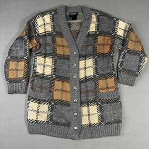 Vintage Escada ‎ Margaretha Ley Sweater Women 40 Gray Cardigan Plaid Button Up